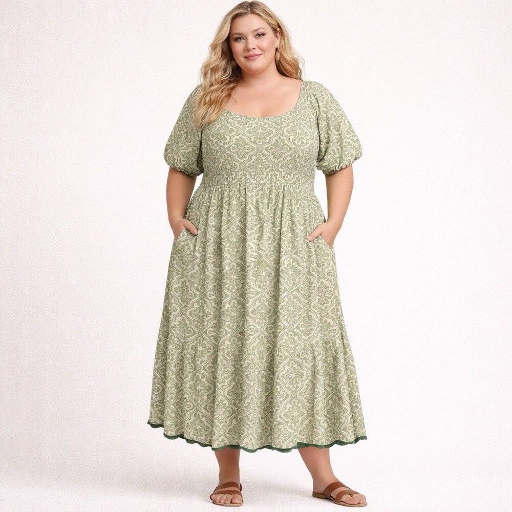 Lea Womens 3XL Dress Midi Cottagecore Smocked Puff Sleeve Green Coquette New